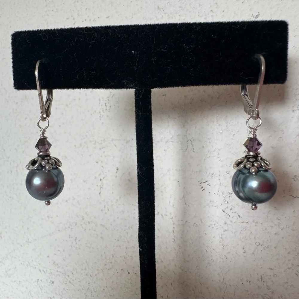 Large Gray Pearl and 925 Sterling Silver Dangle Drop Handmade Earrings